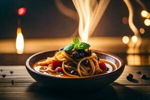 Spaghetti mit schwarz Bohnen und Tomaten im ein Schüssel. KI-generiert foto