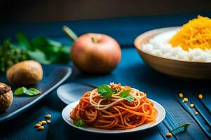 Spaghetti mit Fleischklößchen, Reis und Gemüse auf ein hölzern Tisch. KI-generiert foto