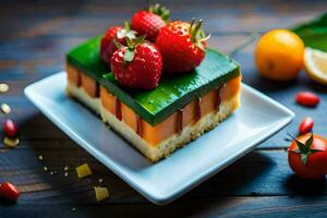 ein Stück von Kuchen mit Erdbeeren und Zitrone auf oben. KI-generiert foto