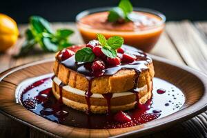 ein Kuchen mit Beeren und Sirup auf oben. KI-generiert foto