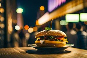 ein Hamburger Sitzung auf ein Teller im Vorderseite von ein Menge. KI-generiert foto