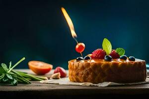 ein Kuchen mit Beeren und ein Kerze auf oben. KI-generiert foto