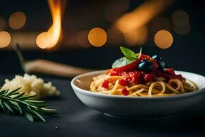 Spaghetti mit Tomate Soße und Basilikum Blätter auf ein Platte. KI-generiert foto