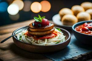 ein Teller von Essen mit Spaghetti und Fleischklößchen. KI-generiert foto