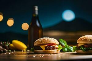 zwei Hamburger auf ein Tabelle mit ein Flasche von Wein. KI-generiert foto