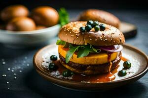 ein Hamburger mit Gemüse und Eier auf ein Platte. KI-generiert foto