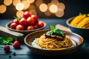 Spaghetti mit Fleischklößchen und Tomaten im ein Schüssel. KI-generiert foto