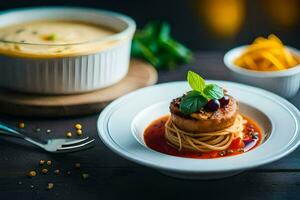 ein Teller von Pasta mit Soße und ein Schüssel von Suppe. KI-generiert foto