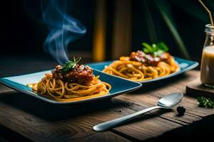Spaghetti mit Fleisch Soße und ein Glas von Milch. KI-generiert foto