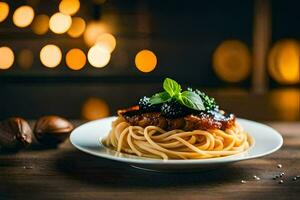 Spaghetti mit Fleisch Soße und Basilikum Blätter auf ein Platte. KI-generiert foto