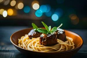 Spaghetti mit Fleischklößchen und Minze Blätter auf ein hölzern Tisch. KI-generiert foto