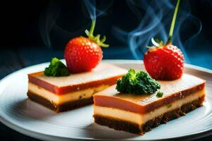 zwei Scheiben von Käsekuchen mit Erdbeeren auf oben. KI-generiert foto