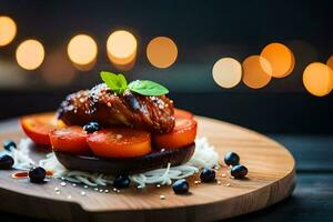 ein Teller mit Huhn, Tomaten und Nudeln auf Es. KI-generiert foto