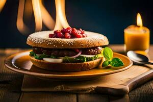 ein Hamburger mit Cranberry Soße und Grüner Salat auf ein Platte. KI-generiert foto