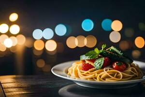 Spaghetti mit Tomate und Basilikum auf ein Platte. KI-generiert foto