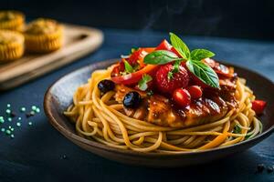 Hähnchen und Pasta mit Tomaten und Basilikum auf ein Platte. KI-generiert foto