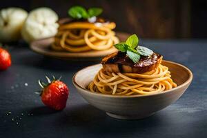 Spaghetti mit Fleisch und Gemüse im ein Schüssel. KI-generiert foto