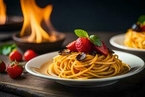 Spaghetti mit Erdbeeren und Basilikum auf ein Platte. KI-generiert foto