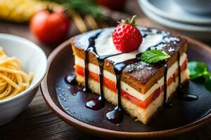 ein Scheibe von Kuchen mit Erdbeeren und ein Schüssel von Pasta. KI-generiert foto
