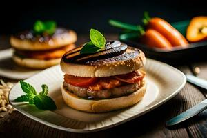 ein Hamburger mit Gemüse und Kräuter auf ein Platte. KI-generiert foto