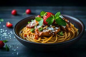 Spaghetti mit Fleisch und Erdbeeren auf ein hölzern Tisch. KI-generiert foto