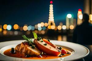 ein Teller von Essen mit ein Aussicht von das Stadt. KI-generiert foto