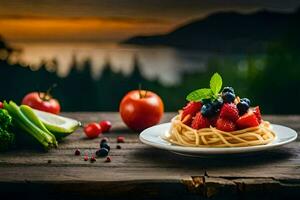 Essen auf ein Teller mit Beeren und Gemüse. KI-generiert foto