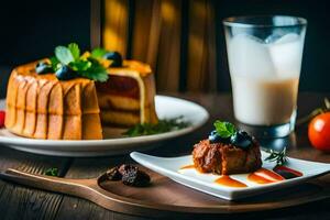 ein Teller von Essen mit ein Kuchen und ein Glas von Milch. KI-generiert foto