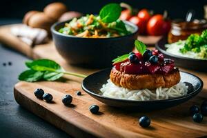 ein Teller von Essen mit Gemüse und Fleisch. KI-generiert foto