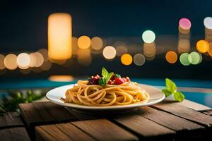 Spaghetti auf ein Teller mit ein Stadt Sicht. KI-generiert foto