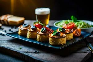 Essen auf ein Teller mit Brot und Bier. KI-generiert foto