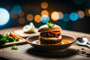 ein Hamburger mit Käse und Gemüse auf ein hölzern Tisch. KI-generiert foto