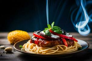 ein Teller von Spaghetti mit Fleisch und Gemüse auf ein hölzern Tisch. KI-generiert foto