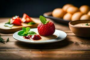 ein Erdbeere auf ein Teller mit ein Schüssel von Eier. KI-generiert foto