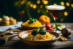 Spaghetti mit Brokkoli und ein Glas von Wein. KI-generiert foto