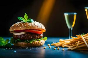 ein Hamburger und Fritten mit Champagner. KI-generiert foto