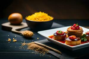 Essen auf ein Teller mit ein Schüssel von Frucht. KI-generiert foto