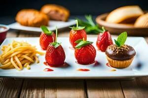 ein Teller mit Erdbeeren, Fritten und ein Cupcake. KI-generiert foto