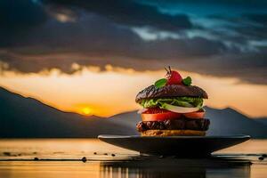 ein Burger auf ein Teller mit ein Sonnenuntergang im das Hintergrund. KI-generiert foto