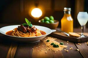 Spaghetti mit Fleischklößchen und Tomate Soße auf ein hölzern Tisch. KI-generiert foto