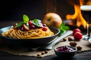 Spaghetti mit Cranberry Soße und Cranberry Soße. KI-generiert foto
