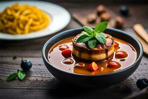 ein Schüssel von Suppe mit ein Stück von Fleisch auf oben. KI-generiert foto