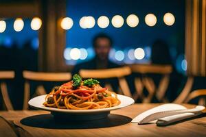 ein Teller von Pasta auf ein Tabelle im ein Restaurant. KI-generiert foto