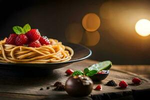 Spaghetti mit Beeren und Minze Blätter auf ein hölzern Tisch. KI-generiert foto