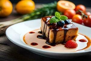 ein Stück von Kuchen mit Sirup und Beeren auf ein Platte. KI-generiert foto