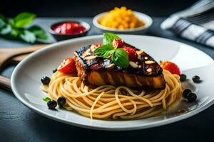 ein Teller von Pasta mit Tomate Soße und Basilikum. KI-generiert foto