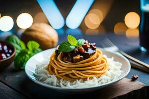 Spaghetti mit Fleisch Soße und Nüsse auf ein Platte. KI-generiert foto