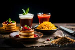 Pfannkuchen mit Obst und Sirup auf ein hölzern Tisch. KI-generiert foto