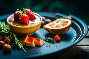 ein Teller mit Erdbeeren, Käse und ein Scheibe von Zitrone. KI-generiert foto