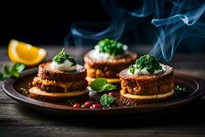 drei Sandwiches mit Käse und Kräuter auf ein hölzern Platte. KI-generiert foto